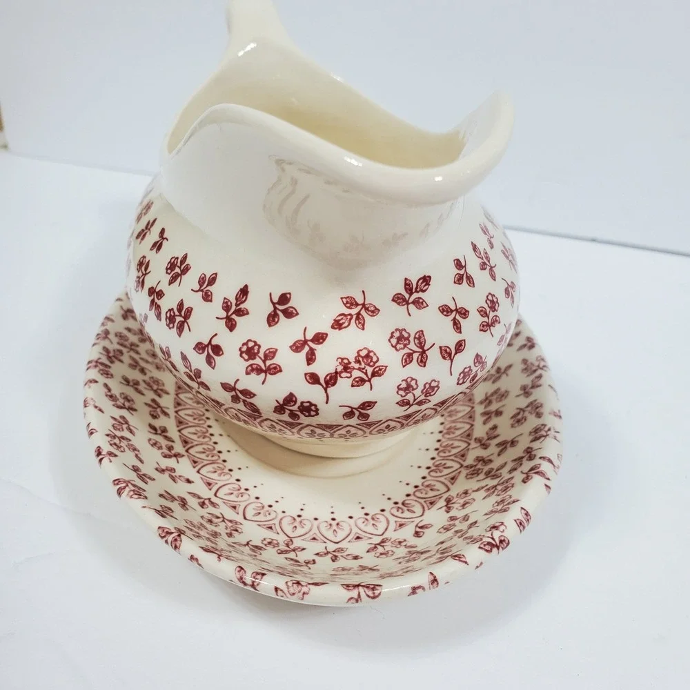 English Ironstone Tableware Provence Red Floral Gravy Boat & Underplate Set of 2
